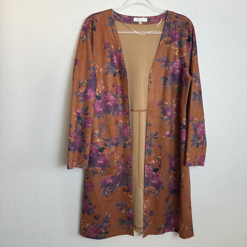 Solitaire by Ravi Khosla Brown Floral‎ Faux Suede Open Front Duster Cardigan M